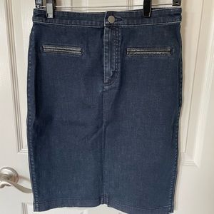 Club Monaco Denim Skirt, Size 4, leather pocket detail.